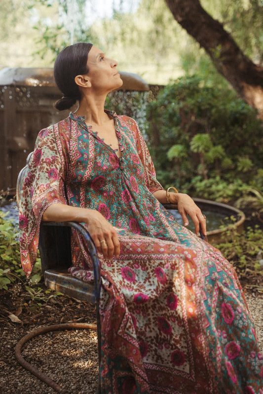 1970s Naqui Indian Cotton Angel Sleeve Goddess Gown in rare colorway