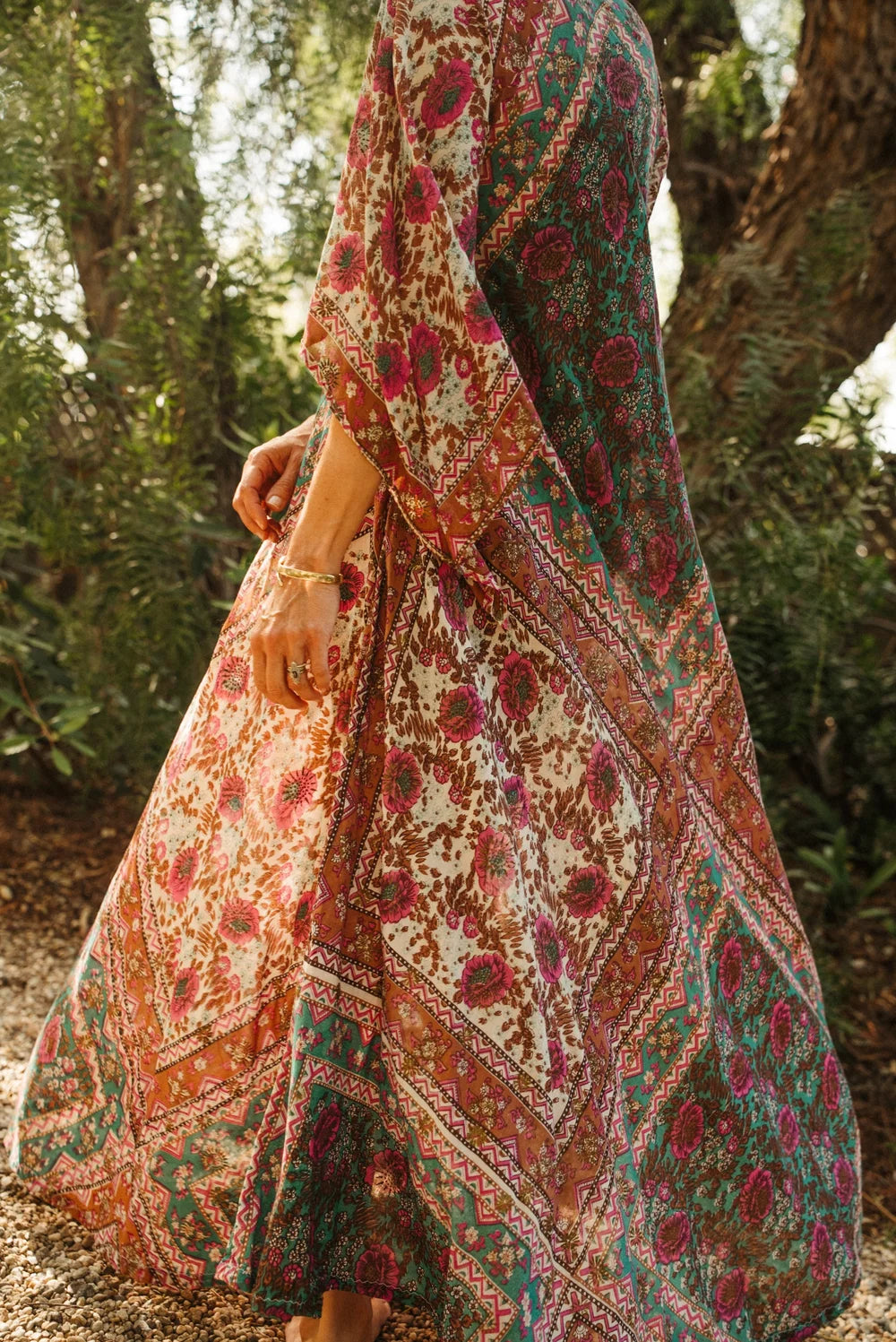 1970s Naqui Indian Cotton Angel Sleeve Goddess Gown in rare colorway