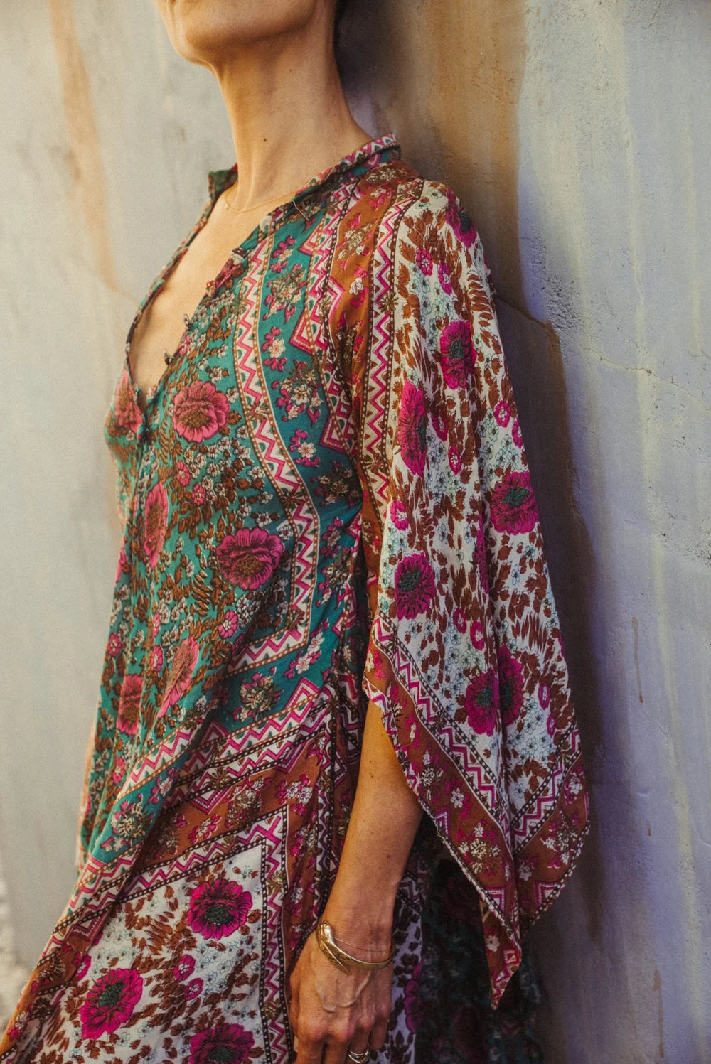 1970s Naqui Indian Cotton Angel Sleeve Goddess Gown in rare colorway